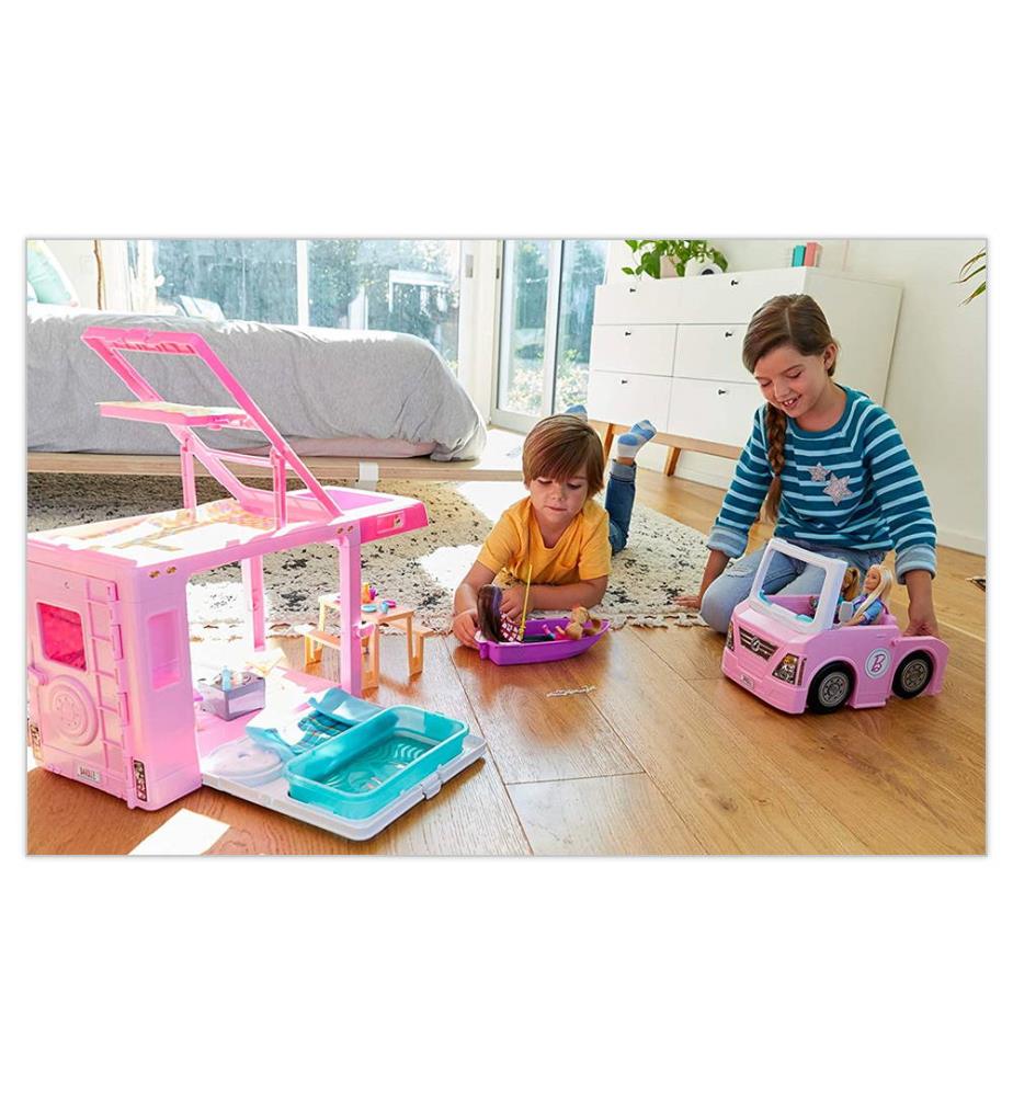 Barbie Mobilier Camping Car De Reve 3 En 1 Pour Poupees Vehicule Transformable Avec Piscine Pick Up Bateau Et 50 Accessoires Barbie Mattel Fisher Price Barbie Polly Pocket Hot Wheels Accueil